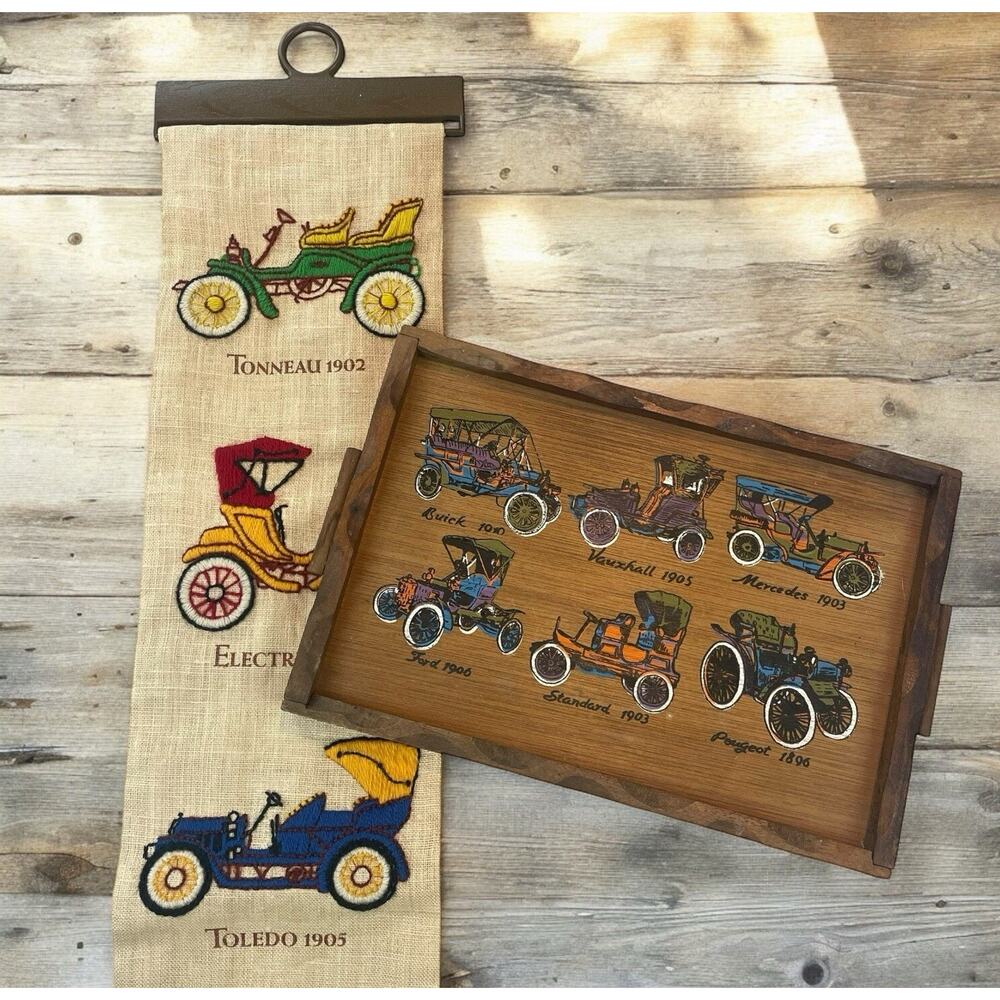 Antique Cars Wall Hanging & Wooden Tray Decor Man Cave Decoration